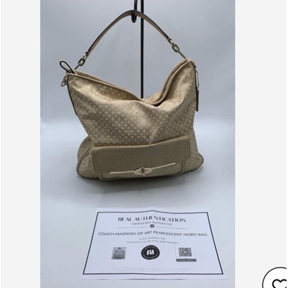 Coach Madison Signature‎ OP Art 2 Way Beige Canvas Turnlock Zipper Shoulder Bag